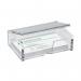 The photo shows a crystal clear business card box by Sigel. It can hold up to 80 business cards and is labeled Sigel VA112 on the front. The box has a sleek, professional design and is perfect for organizing and displaying business cards.