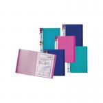 The Snopake Electra Display Book has 24 pockets and comes in a pack of 10, each in assorted colors. The cover displays the Snopake brand name in bold lettering, with a clear plastic window to showcase the title of the presentation. Inside, the pockets are securely sealed with black borders, providing a sleek and professional look. Each pocket is transparent, allowing for easy viewing of contents. The durable construction ensures that documents are protected and remain organized.