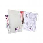 The photo shows a pack of 10 clear A4 Snopake Clip Files and ClampBinders. Each file has a sturdy clamp to hold documents securely. The transparent design allows for easy visibility of contents. The pack is neatly organized and ready to keep important papers in place.