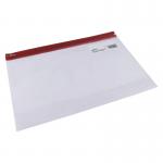 The photo shows a pack of vibrant red Snopake Zippa-Bag S Classic A4 Plus wallets and zip files. Each one features a convenient snap closure and can fit multiple documents inside. The pack contains 25 of these durable and stylish wallets, perfect for organizing papers on-the-go.