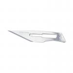 The image is of a pack of 100 Swordfish scalpels with No.10A metal blades. The knives and scalpels are sleek and sharp, with a distinct fish-like shape. The blades are neatly arranged in the packaging, ready for use in precision cutting.