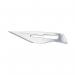 The image is of a pack of 100 Swordfish scalpels with No.10A metal blades. The knives and scalpels are sleek and sharp, with a distinct fish-like shape. The blades are neatly arranged in the packaging, ready for use in precision cutting.