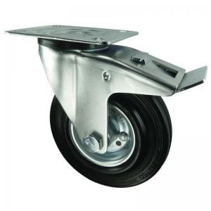 Pressed steel centre, rubber tyred wheel, plate fixing - total-stop