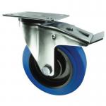 Blue rubber tyred wheel, plate fixing - swivel with total-stop brake 309025