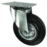 Pressed steel centre, rubber tyred wheel, plate fixing - swivel 309207