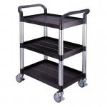 Three tier plastic utility tray trolleys with open sides and ends with 3 standard black shelves 309621