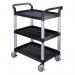 Three tier plastic utility tray trolleys with open sides and ends with 3 standard black shelves 309621