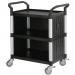 Three tier plastic utility tray trolleys with open sides and ends with 3 standard black shelves, back & side panels 309622