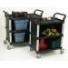 Three tier plastic utility tray trolleys with open sides and ends with 3 standard black shelves, back & side panels 309622