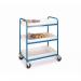 This photograph shows a slingsby shelved trolley made of plastic, with three shelves. The trolley has a 317148 product code.