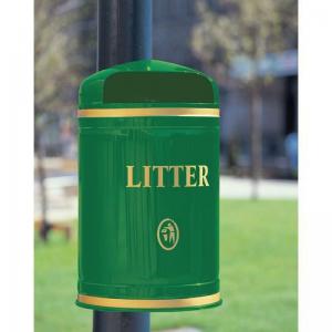 Victorian style steel post & wall mounted hooded top litter bin