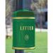 This photo features a slingsby Bins Victorian style steel post and wall mounted hooded top litter bin. The bin is post mounted and includes a 317868 on its label. The steel gives it a sturdy look while the hooded top provides protection from the elements. Its Victorian style adds a touch of elegance.