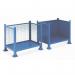 The photograph displays a stack of solid steel box pallets from Slingsby, featuring an open front and solid sides. The pallets are sturdy and industrial-looking, with a uniform design and a neutral color.