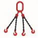 The photograph shows Kuplex Lifting Equipment, specifically grade 8 and 10 chain slings with a 2m reach. The slings are equipped with safety hooks, and there are four legs visible in the image. The equipment appears strong and durable, with a sleek metallic finish. It seems to be designed for heavy lifting and industrial use.