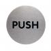 The photo shows round, self-adhesive room signs with durable construction. The signs have a sleek and professional look, making them a great addition to any office or workspace. The design is modern and the adhesive ensures easy installation.