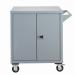 In the photo, there are multiple slingsby cupboards with a sleek design and four mobile storage cabinets. The cabinets have a gray finish and several shelves inside for organization. The cupboards have doors with silver handles and are placed against a white wall in an office setting.