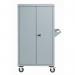 The photo shows two large, white mobile storage cabinets with sleek, modern design by Slingsby Cupboards. They are equipped with multiple shelves and drawers for storage and have large, sturdy wheels for easy mobility. The cabinets are placed in a spacious, well-lit room with a clean and organized atmosphere.