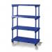 The photo displays a versatile Slingsby Racking Plastic shelving set, available in blue, with a weight capacity of up to 360kg. It features a mobile design and comes in 4 widths and 3 depths to suit different storage needs.