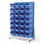 Double-sided louvre panel racks, with 56 blue bins 375132