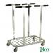 The picture shows shiny zinc-plated slingsby sack holders with an open top, mounted on a mobile frame. The holders are designed to hold sacks securely and can be easily moved around.