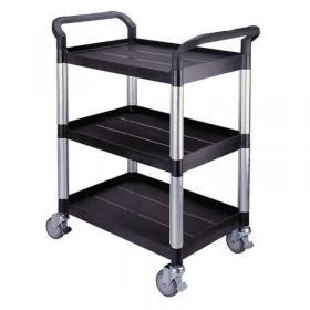 Three tier plastic utility tray trolleys with open sides and ends with 3 standard black shelves 384014