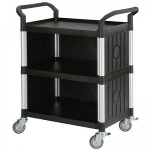 Three tier plastic utility tray trolleys with open sides and ends with