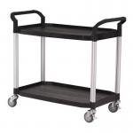 Two tier plastic utility tray trolleys with open sides and ends with 2 large size shelves 384018