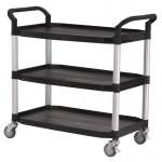 Three tier plastic utility tray trolleys with open sides and ends with 3 large black shelves 384019