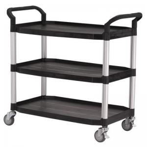 Three tier plastic utility tray trolleys with open sides and ends with