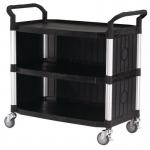 Three tier plastic utility tray trolleys with open sides and ends with 3 large black shelves, back & side panels 384020