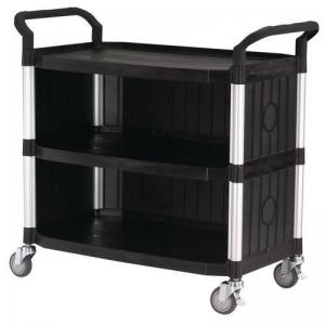 Three tier plastic utility tray trolleys with open sides and ends with