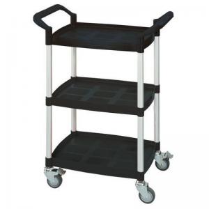 Three tier plastic utility tray trolleys with open sides and ends