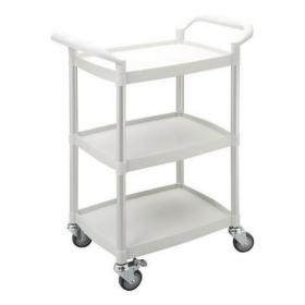 Three tier plastic utility tray trolleys with open sides and ends with 3 mini white shelves 384025