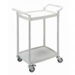 Two tier plastic utility tray trolleys with open sides and ends with 2 white mini size shelves 384027