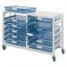 A picture of the Slingsby Shallow Tray Cupboards Premium showcases sleek white racks filled with transparent trays. These mobile A3 racks are designed to keep supplies organized and easily accessible.