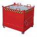 This image shows a forklift lifting a large capacity bin with a bottom emptying feature. The bin has the brand name Slingsby on it and is specifically designed for use with forklifts. The bin is empty, and it appears to be made of durable material with smooth edges and a solid structure. The forklift is in the process of moving the bin, and the background shows a warehouse or industrial setting with other materials and machinery visible.