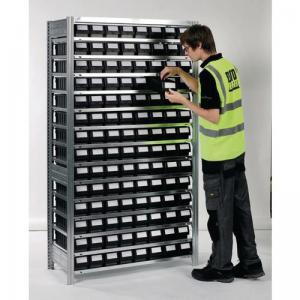 Galvanised shelving including shelf bins Starter and add on bays - 14
