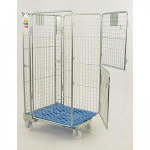 Nestable A frame roll containers with mesh panels - blue plastic base