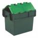 The image features a stack of bright green Storage Bins with attached lids. Each bin has a capacity of 25L and is labeled with a unique identification number. The bins appear to be sturdy and are neatly stacked on top of each other, ready for use. The green color gives them a fresh and organized look.