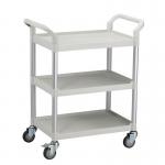 Three tier plastic utility tray trolleys with open sides and ends with 3 standard white 387993