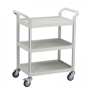 Three tier plastic utility tray trolleys with open sides and ends with