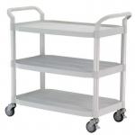 Three tier plastic utility tray trolleys with open sides and ends with 3 large white 387994