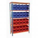 Boltless shelving with small parts bins, blue/red bins 388832