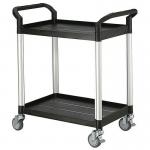 Two tier plastic utility tray trolleys with open sides and ends with 2 standard size shelves 390352