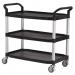 Three tier plastic utility tray trolleys with open sides and ends with 3 large black shelves 390358