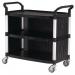 Three tier plastic utility tray trolleys with open sides and ends with 3 large black shelves, back & side panels 390359