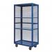 In the photo, there are several Slingsby shelved trolleys with mesh sides and no doors. The trucks appear sturdy and well-constructed, with multiple levels for storage. The shelves are empty, providing ample space for various items. The trolleys have smooth wheels and a sleek silver finish.
