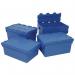 The image shows multiple slingsby storage bins with attached lids, labeled as budget containers. The bins have a rigid and durable design, with ergonomic handles for easy carrying. The lids securely attach to keep contents safe and organized.