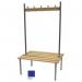This photograph features a sleek and stylish Slingsby Cloakroom Furniture Classic duo bench, measuring 1500 x 745mm. It is equipped with 16 hooks and 3 uprights, all in a vibrant blue color. The perfect addition to any modern workspace or public area.