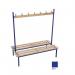 This image shows a sleek and modern slingsby Cloakroom Furniture Evolve duo bench, measuring 2500 x 800mm. The blue color adds a pop of vibrancy. The bench features 24 hooks and 3 uprights, providing ample storage for coats and bags.